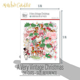 A Very Vintage Christmas Die Cuts, size guide shown in hand for scale, showing pre-cut scrapbook embellishments for layouts, handmade cards, journals, mini albums, memory pages, and layered paper crafts. Buyer theme: Vintage Christmas Die Cuts & Holiday Ephemera. A Very Vintage Christmas die cuts with retro Santa faces, deer, trees, ornaments, holly, bells, kittens, snowmen and Christmas phrases. Use the coordinating pieces to layer around photographs, journaling, titles, and paper details