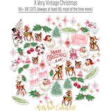 A Very Vintage Christmas Die Cuts, die cuts spread out image, showing pre-cut scrapbook embellishments for layouts, handmade cards, journals, mini albums, memory pages, and layered paper crafts. Buyer theme: Vintage Christmas Die Cuts & Holiday Ephemera. A Very Vintage Christmas die cuts with retro Santa faces, deer, trees, ornaments, holly, bells, kittens, snowmen and Christmas phrases. Use the coordinating pieces to layer around photographs, journaling, titles, and paper details