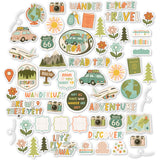 Are We There Yet? Die Cuts, main product image, showing pre-cut scrapbook embellishments for layouts, handmade cards, journals, mini albums, family history pages, and layered paper crafts. Buyer theme: Travel Die Cuts for Vacation Scrapbooks & Journals. Pre-cut travel die cuts with cars, planes, cameras, globes, maps, Route 66 signs, flowers, trees, labels, and adventure phrases. Visible artwork includes retro road trip cars, vintage airplanes, travel cameras, globes and maps