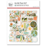 Are We There Yet? Die Cuts, packaging image, showing pre-cut scrapbook embellishments for layouts, handmade cards, journals, mini albums, family history pages, and layered paper crafts. Buyer theme: Travel Die Cuts for Vacation Scrapbooks & Journals. Pre-cut travel die cuts with cars, planes, cameras, globes, maps, Route 66 signs, flowers, trees, labels, and adventure phrases. Coordinating patterns include diagonal stripes, star tile, travel journaling cards