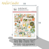Are We There Yet? Die Cuts, size guide shown in hand for scale, showing pre-cut scrapbook embellishments for layouts, handmade cards, journals, mini albums, family history pages, and layered paper crafts. Buyer theme: Travel Die Cuts for Vacation Scrapbooks & Journals. Pre-cut travel die cuts with cars, planes, cameras, globes, maps, Route 66 signs, flowers, trees, labels, and adventure phrases. Visible artwork includes vintage airplanes, travel cameras, globes and maps, Route 66 road signs
