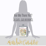 Are We There Yet? Die Cuts, size guide image, showing pre-cut scrapbook embellishments for layouts, handmade cards, journals, mini albums, family history pages, and layered paper crafts. Buyer theme: Travel Die Cuts for Vacation Scrapbooks & Journals. Pre-cut travel die cuts with cars, planes, cameras, globes, maps, Route 66 signs, flowers, trees, labels, and adventure phrases. Visible artwork includes travel cameras, globes and maps, Route 66 road signs, mountains and pine trees