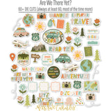 Are We There Yet? Die Cuts, die cuts spread out image, showing pre-cut scrapbook embellishments for layouts, handmade cards, journals, mini albums, family history pages, and layered paper crafts. Buyer theme: Travel Die Cuts for Vacation Scrapbooks & Journals. Pre-cut travel die cuts with cars, planes, cameras, globes, maps, Route 66 signs, flowers, trees, labels, and adventure phrases. Coordinating patterns include checkerboard, pin dots, diagonal stripes