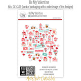 Be My Valentine Die Cuts, back packaging image, showing pre-cut scrapbook embellishments for layouts, handmade cards, journals, mini albums, memory pages, and layered paper crafts. Buyer theme: Valentine Heart Die Cuts & Love Embellishments. Be My Valentine Die Cuts with love titles, hearts, mailboxes, envelopes, balloons, teddy bears, bees, flower bouquets, gifts, candy jars and gumball machines for Valentine scrapbook pages and keepsakes. Designed for Card making, Mini albums, Junk journals