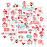 Be My Valentine Die Cuts, main product image, showing pre-cut scrapbook embellishments for layouts, handmade cards, journals, mini albums, memory pages, and layered paper crafts. Buyer theme: Valentine Heart Die Cuts & Love Embellishments. Be My Valentine Die Cuts with love titles, hearts, mailboxes, envelopes, balloons, teddy bears, bees, flower bouquets, gifts, candy jars and gumball machines for Valentine scrapbook pages and keepsakes