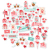 Be My Valentine Die Cuts, main product image, showing pre-cut scrapbook embellishments for layouts, handmade cards, journals, mini albums, memory pages, and layered paper crafts. Buyer theme: Valentine Heart Die Cuts & Love Embellishments. Be My Valentine Die Cuts with love titles, hearts, mailboxes, envelopes, balloons, teddy bears, bees, flower bouquets, gifts, candy jars and gumball machines for Valentine scrapbook pages and keepsakes