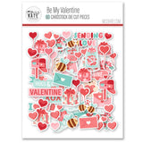 Be My Valentine Die Cuts, packaging image, showing pre-cut scrapbook embellishments for layouts, handmade cards, journals, mini albums, memory pages, and layered paper crafts. Buyer theme: Valentine Heart Die Cuts & Love Embellishments. Be My Valentine Die Cuts with love titles, hearts, mailboxes, envelopes, balloons, teddy bears, bees, flower bouquets, gifts, candy jars and gumball machines for Valentine scrapbook pages and keepsakes