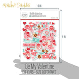 Be My Valentine Die Cuts, size guide shown in hand for scale, showing pre-cut scrapbook embellishments for layouts, handmade cards, journals, mini albums, memory pages, and layered paper crafts. Buyer theme: Valentine Heart Die Cuts & Love Embellishments. Be My Valentine Die Cuts with love titles, hearts, mailboxes, envelopes, balloons, teddy bears, bees, flower bouquets, gifts, candy jars and gumball machines for Valentine scrapbook pages and keepsakes