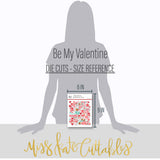 Be My Valentine Die Cuts, size guide image, showing pre-cut scrapbook embellishments for layouts, handmade cards, journals, mini albums, memory pages, and layered paper crafts. Buyer theme: Valentine Heart Die Cuts & Love Embellishments. Be My Valentine Die Cuts with love titles, hearts, mailboxes, envelopes, balloons, teddy bears, bees, flower bouquets, gifts, candy jars and gumball machines for Valentine scrapbook pages and keepsakes