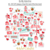 Be My Valentine Die Cuts, die cuts spread out image, showing pre-cut scrapbook embellishments for layouts, handmade cards, journals, mini albums, memory pages, and layered paper crafts. Buyer theme: Valentine Heart Die Cuts & Love Embellishments. Be My Valentine Die Cuts with love titles, hearts, mailboxes, envelopes, balloons, teddy bears, bees, flower bouquets, gifts, candy jars and gumball machines for Valentine scrapbook pages and keepsakes