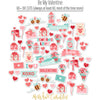 Be My Valentine Die Cuts, die cuts spread out image, showing pre-cut scrapbook embellishments for layouts, handmade cards, journals, mini albums, memory pages, and layered paper crafts. Buyer theme: Valentine Heart Die Cuts & Love Embellishments. Be My Valentine Die Cuts with love titles, hearts, mailboxes, envelopes, balloons, teddy bears, bees, flower bouquets, gifts, candy jars and gumball machines for Valentine scrapbook pages and keepsakes