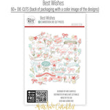 Best Wishes Die Cuts, back packaging image, showing pre-cut scrapbook embellishments for layouts, handmade cards, journals, mini albums, memory pages, and layered paper crafts. Buyer theme: Floral Friendship Scrapbook Die Cuts & Ephemera. floral friendship die cut embellishments. Visible artwork includes floral banners, sentiment labels, watercolor roses, ribbon bows. Coordinating patterns include botanical print, diamond lattice, gingham