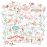 Best Wishes Die Cuts, main product image, showing pre-cut scrapbook embellishments for layouts, handmade cards, journals, mini albums, memory pages, and layered paper crafts. Buyer theme: Floral Friendship Scrapbook Die Cuts & Ephemera. floral friendship die cut embellishments. Visible artwork includes watercolor roses, ribbon bows, wildflowers, leafy sprigs. Coordinating patterns include gingham, plaid, polka dots. Color palette includes Powder Aqua, Seafoam, Soft Teal