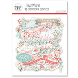 Best Wishes Die Cuts, packaging image, showing pre-cut scrapbook embellishments for layouts, handmade cards, journals, mini albums, memory pages, and layered paper crafts. Buyer theme: Floral Friendship Scrapbook Die Cuts & Ephemera. floral friendship die cut embellishments. Visible artwork includes sentiment labels, watercolor roses, ribbon bows, wildflowers. Coordinating patterns include diamond lattice, gingham, plaid. Color palette includes Blush Pink, Petal Pink, Coral Rose