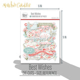 Best Wishes Die Cuts, size guide shown in hand for scale, showing pre-cut scrapbook embellishments for layouts, handmade cards, journals, mini albums, memory pages, and layered paper crafts. Buyer theme: Floral Friendship Scrapbook Die Cuts & Ephemera. floral friendship die cut embellishments. Visible artwork includes ribbon bows, wildflowers, leafy sprigs, floral banners. Coordinating patterns include plaid, polka dots, floral toss. Color palette includes Seafoam, Soft Teal, Vintage Cream