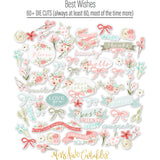 Best Wishes Die Cuts, die cuts spread out image, showing pre-cut scrapbook embellishments for layouts, handmade cards, journals, mini albums, memory pages, and layered paper crafts. Buyer theme: Floral Friendship Scrapbook Die Cuts & Ephemera. floral friendship die cut embellishments. Visible artwork includes leafy sprigs, floral banners, sentiment labels, watercolor roses. Coordinating patterns include floral toss, botanical print, diamond lattice