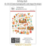 Birthday Bash Die Cuts, back packaging image, showing pre-cut scrapbook embellishments for layouts, handmade cards, journals, mini albums, memory pages, and layered paper crafts. Buyer theme: Birthday Scrapbook Die Cuts & Party Embellishments. Birthday Bash Die Cuts with balloons, cakes, cupcakes, gifts, candles, party hats, piñatas, bows, banners, streamers and birthday titles. Coordinating patterns include Balloon toss patterns, Cake and cupcake toss, Candle rows