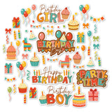 Birthday Bash Die Cuts, main product image, showing pre-cut scrapbook embellishments for layouts, handmade cards, journals, mini albums, memory pages, and layered paper crafts. Buyer theme: Birthday Scrapbook Die Cuts & Party Embellishments. Birthday Bash Die Cuts with balloons, cakes, cupcakes, gifts, candles, party hats, piñatas, bows, banners, streamers and birthday titles. Coordinating patterns include Rainbow diagonal stripes, Birthday plaid and gingham, Colorful party dots