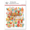 Birthday Bash Die Cuts, packaging image, showing pre-cut scrapbook embellishments for layouts, handmade cards, journals, mini albums, memory pages, and layered paper crafts. Buyer theme: Birthday Scrapbook Die Cuts & Party Embellishments. Birthday Bash Die Cuts with balloons, cakes, cupcakes, gifts, candles, party hats, piñatas, bows, banners, streamers and birthday titles. Coordinating patterns include Cake and cupcake toss, Candle rows, Party hat and pinata prints