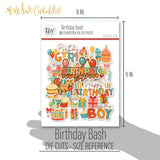 Birthday Bash Die Cuts, size guide shown in hand for scale, showing pre-cut scrapbook embellishments for layouts, handmade cards, journals, mini albums, memory pages, and layered paper crafts. Buyer theme: Birthday Scrapbook Die Cuts & Party Embellishments. Birthday Bash Die Cuts with balloons, cakes, cupcakes, gifts, candles, party hats, piñatas, bows, banners, streamers and birthday titles. Coordinating patterns include Birthday plaid and gingham, Colorful party dots, Star textures