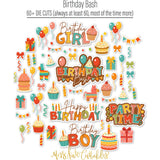 Birthday Bash Die Cuts, die cuts spread out image, showing pre-cut scrapbook embellishments for layouts, handmade cards, journals, mini albums, memory pages, and layered paper crafts. Buyer theme: Birthday Scrapbook Die Cuts & Party Embellishments. Birthday Bash Die Cuts with balloons, cakes, cupcakes, gifts, candles, party hats, piñatas, bows, banners, streamers and birthday titles. Visible artwork includes Birthday candles, Party hats and pinata, Pennant banners, Curly streamers and confetti