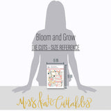 Bloom and Grow Die Cuts, size guide image, showing pre-cut scrapbook embellishments for layouts, handmade cards, journals, mini albums, memory pages, and layered paper crafts. Buyer theme: Spring Floral Die Cuts & Garden Ephemera. Bloom and Grow die cuts with daisies, coneflowers, wildflower sprigs, botanical frames and uplifting floral title phrases. Color palette includes Coral pink, blush, peach, mustard gold, cream, sage, dusty teal, deep teal and warm taupe