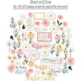 Bloom and Grow Die Cuts, die cuts spread out image, showing pre-cut scrapbook embellishments for layouts, handmade cards, journals, mini albums, memory pages, and layered paper crafts. Buyer theme: Spring Floral Die Cuts & Garden Ephemera. Bloom and Grow die cuts with daisies, coneflowers, wildflower sprigs, botanical frames and uplifting floral title phrases. Color palette includes Coral pink, blush, peach, mustard gold, cream, sage, dusty teal, deep teal and warm taupe
