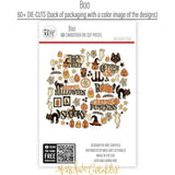 Boo Die Cuts, back packaging image, showing pre-cut scrapbook embellishments for layouts, handmade cards, journals, mini albums, memory pages, and layered paper crafts. Buyer theme: Halloween Die Cuts & Vintage Spooky Ephemera. Boo die cuts with pumpkins, ghosts, black cats, candy corn, witches, bats, spiderwebs, stars and vintage Halloween phrases. Color palette includes Pumpkin orange, burnt orange, rust, mustard gold, harvest gold, vintage cream, taupe, charcoal and midnight black