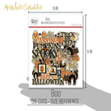 Boo Die Cuts, size guide shown in hand for scale, showing pre-cut scrapbook embellishments for layouts, handmade cards, journals, mini albums, memory pages, and layered paper crafts. Buyer theme: Halloween Die Cuts & Vintage Spooky Ephemera. Boo die cuts with pumpkins, ghosts, black cats, candy corn, witches, bats, spiderwebs, stars and vintage Halloween phrases. Scrapbook die cuts, paper embellishments, card making accents, journal decorations, and layered paper craft supplies
