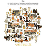 Boo Die Cuts, die cuts spread out image, showing pre-cut scrapbook embellishments for layouts, handmade cards, journals, mini albums, memory pages, and layered paper crafts. Buyer theme: Halloween Die Cuts & Vintage Spooky Ephemera. Boo die cuts with pumpkins, ghosts, black cats, candy corn, witches, bats, spiderwebs, stars and vintage Halloween phrases. Color palette includes Pumpkin orange, burnt orange, rust, mustard gold, harvest gold, vintage cream, taupe, charcoal and midnight black