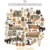 Boo Die Cuts, die cuts spread out image, showing pre-cut scrapbook embellishments for layouts, handmade cards, journals, mini albums, memory pages, and layered paper crafts. Buyer theme: Halloween Die Cuts & Vintage Spooky Ephemera. Boo die cuts with pumpkins, ghosts, black cats, candy corn, witches, bats, spiderwebs, stars and vintage Halloween phrases. Color palette includes Pumpkin orange, burnt orange, rust, mustard gold, harvest gold, vintage cream, taupe, charcoal and midnight black