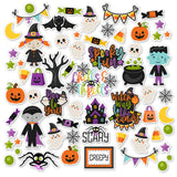 Chills and Thrills Die Cuts, main product image, showing pre-cut scrapbook embellishments for layouts, handmade cards, journals, mini albums, memory pages, and layered paper crafts. Buyer theme: Spooky Halloween Die Cuts & Scrapbook Embellishments. Halloween Die Cuts with witches, ghosts, vampire, Frankenstein monster, pumpkins, bats, spiderwebs, candy corn, haunted house, cauldron and spooky title phrases. Coordinating patterns include Halloween character toss, multicolor plaid, orange gingham