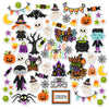 Chills and Thrills Die Cuts, main product image, showing pre-cut scrapbook embellishments for layouts, handmade cards, journals, mini albums, memory pages, and layered paper crafts. Buyer theme: Spooky Halloween Die Cuts & Scrapbook Embellishments. Halloween Die Cuts with witches, ghosts, vampire, Frankenstein monster, pumpkins, bats, spiderwebs, candy corn, haunted house, cauldron and spooky title phrases. Coordinating patterns include Halloween character toss, multicolor plaid, orange gingham