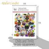Chills and Thrills Die Cuts, size guide shown in hand for scale, showing pre-cut scrapbook embellishments for layouts, handmade cards, journals, mini albums, memory pages, and layered paper crafts. Buyer theme: Spooky Halloween Die Cuts & Scrapbook Embellishments. Halloween Die Cuts with witches, ghosts, vampire, Frankenstein monster, pumpkins, bats, spiderwebs, candy corn, haunted house, cauldron and spooky title phrases. Color palette includes witch purple, haunted aqua, monster lime green