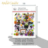Chills and Thrills Die Cuts, size guide shown in hand for scale, showing pre-cut scrapbook embellishments for layouts, handmade cards, journals, mini albums, memory pages, and layered paper crafts. Buyer theme: Spooky Halloween Die Cuts & Scrapbook Embellishments. Halloween Die Cuts with witches, ghosts, vampire, Frankenstein monster, pumpkins, bats, spiderwebs, candy corn, haunted house, cauldron and spooky title phrases. Color palette includes witch purple, haunted aqua, monster lime green