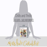 Chills and Thrills Die Cuts, size guide image, showing pre-cut scrapbook embellishments for layouts, handmade cards, journals, mini albums, memory pages, and layered paper crafts. Buyer theme: Spooky Halloween Die Cuts & Scrapbook Embellishments. Halloween Die Cuts with witches, ghosts, vampire, Frankenstein monster, pumpkins, bats, spiderwebs, candy corn, haunted house, cauldron and spooky title phrases. Color palette includes haunted aqua, monster lime green, candy corn yellow
