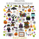 Chills and Thrills Basic monthly box. full die cut assortment with Halloween titles, witches, ghosts, monsters, pumpkins, bats and candy.