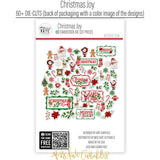 Christmas Joy Die Cuts, back packaging image, showing pre-cut scrapbook embellishments for layouts, handmade cards, journals, mini albums, memory pages, and layered paper crafts. Buyer theme: Christmas Die Cuts & Holiday Scrapbook Embellishments. Christmas Joy Die Cuts with Christmas titles, Santa, snowmen, gingerbread, reindeer, candy canes, stockings, poinsettias, holly, snowflakes, Christmas tree, fireplace and cocoa accents. Designed for Card making, Mini albums, Junk journals