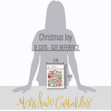 Christmas Joy Die Cuts, size guide image, showing pre-cut scrapbook embellishments for layouts, handmade cards, journals, mini albums, memory pages, and layered paper crafts. Buyer theme: Christmas Die Cuts & Holiday Scrapbook Embellishments. Christmas Joy Die Cuts with Christmas titles, Santa, snowmen, gingerbread, reindeer, candy canes, stockings, poinsettias, holly, snowflakes, Christmas tree, fireplace and cocoa accents
