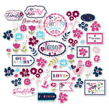 Everyday Moments Die Cuts, main product image, showing pre-cut scrapbook embellishments for layouts, handmade cards, journals, mini albums, memory pages, and layered paper crafts. Buyer theme: Family Floral Die Cuts & Memory Embellishments. Everyday Moments Die Cuts with family, memory, gratitude and friendship titles plus flowers, tulips, leaves, tags, labels, frames and a bird. Coordinating patterns include Navy and berry floral prints, Polka dots, Diagonal pinstripes