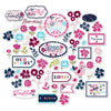 Everyday Moments Die Cuts, main product image, showing pre-cut scrapbook embellishments for layouts, handmade cards, journals, mini albums, memory pages, and layered paper crafts. Buyer theme: Family Floral Die Cuts & Memory Embellishments. Everyday Moments Die Cuts with family, memory, gratitude and friendship titles plus flowers, tulips, leaves, tags, labels, frames and a bird. Coordinating patterns include Navy and berry floral prints, Polka dots, Diagonal pinstripes