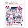 Everyday Moments Die Cuts, packaging image, showing pre-cut scrapbook embellishments for layouts, handmade cards, journals, mini albums, memory pages, and layered paper crafts. Buyer theme: Family Floral Die Cuts & Memory Embellishments. Everyday Moments Die Cuts with family, memory, gratitude and friendship titles plus flowers, tulips, leaves, tags, labels, frames and a bird. Coordinating patterns include Floral medallion trellis, Tiny tulip repeats, Floral diamond lattice