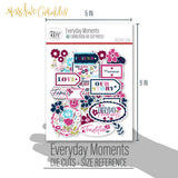 Everyday Moments Die Cuts, size guide shown in hand for scale, showing pre-cut scrapbook embellishments for layouts, handmade cards, journals, mini albums, memory pages, and layered paper crafts. Buyer theme: Family Floral Die Cuts & Memory Embellishments. Everyday Moments Die Cuts with family, memory, gratitude and friendship titles plus flowers, tulips, leaves, tags, labels, frames and a bird. Coordinating patterns include Polka dots, Diagonal pinstripes, Plaids and tartans