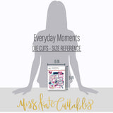 Everyday Moments Die Cuts, size guide image, showing pre-cut scrapbook embellishments for layouts, handmade cards, journals, mini albums, memory pages, and layered paper crafts. Buyer theme: Family Floral Die Cuts & Memory Embellishments. Everyday Moments Die Cuts with family, memory, gratitude and friendship titles plus flowers, tulips, leaves, tags, labels, frames and a bird. Coordinating patterns include Diagonal pinstripes, Plaids and tartans, Geometric quilt patterns