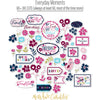 Everyday Moments Die Cuts, die cuts spread out image, showing pre-cut scrapbook embellishments for layouts, handmade cards, journals, mini albums, memory pages, and layered paper crafts. Buyer theme: Family Floral Die Cuts & Memory Embellishments. Everyday Moments Die Cuts with family, memory, gratitude and friendship titles plus flowers, tulips, leaves, tags, labels, frames and a bird. Coordinating patterns include Plaids and tartans, Geometric quilt patterns, Floral medallion trellis