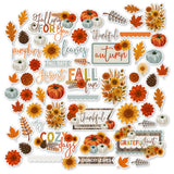 Fall Fun Die Cuts, main product image, showing pre-cut scrapbook embellishments for layouts, handmade cards, journals, mini albums, memory pages, and layered paper crafts. Buyer theme: Autumn Scrapbook Die Cuts & Harvest Embellishments. Fall Fun Die Cuts with pumpkins, sunflowers, mums, leaves, pinecones, sprigs, bouquets and autumn title pieces for layered paper projects. Coordinating patterns include Orange and aqua autumn plaid, Fall gingham checks, Pumpkin and leaf tosses