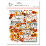 Fall Fun Die Cuts, packaging image, showing pre-cut scrapbook embellishments for layouts, handmade cards, journals, mini albums, memory pages, and layered paper crafts. Buyer theme: Autumn Scrapbook Die Cuts & Harvest Embellishments. Fall Fun Die Cuts with pumpkins, sunflowers, mums, leaves, pinecones, sprigs, bouquets and autumn title pieces for layered paper projects. Coordinating patterns include Autumn heart pattern, Tone-on-tone harvest damask, Leaf and pinecone print