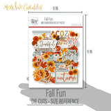 Fall Fun Die Cuts, size guide shown in hand for scale, showing pre-cut scrapbook embellishments for layouts, handmade cards, journals, mini albums, memory pages, and layered paper crafts. Buyer theme: Autumn Scrapbook Die Cuts & Harvest Embellishments. Fall Fun Die Cuts with pumpkins, sunflowers, mums, leaves, pinecones, sprigs, bouquets and autumn title pieces for layered paper projects. Coordinating patterns include Fall gingham checks, Pumpkin and leaf tosses, Sunflower floral prints