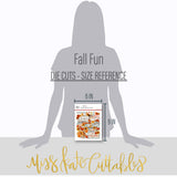 Fall Fun Die Cuts, size guide image, showing pre-cut scrapbook embellishments for layouts, handmade cards, journals, mini albums, memory pages, and layered paper crafts. Buyer theme: Autumn Scrapbook Die Cuts & Harvest Embellishments. Fall Fun Die Cuts with pumpkins, sunflowers, mums, leaves, pinecones, sprigs, bouquets and autumn title pieces for layered paper projects. Visible artwork includes Maple and oak leaves, Brown pinecones, Leafy branches and woodland sprigs, Autumn floral bouquets