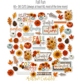 Fall Fun Die Cuts, die cuts spread out image, showing pre-cut scrapbook embellishments for layouts, handmade cards, journals, mini albums, memory pages, and layered paper crafts. Buyer theme: Autumn Scrapbook Die Cuts & Harvest Embellishments. Fall Fun Die Cuts with pumpkins, sunflowers, mums, leaves, pinecones, sprigs, bouquets and autumn title pieces for layered paper projects. Coordinating patterns include Sunflower floral prints, Polka dots and horizontal stripes, Autumn heart pattern
